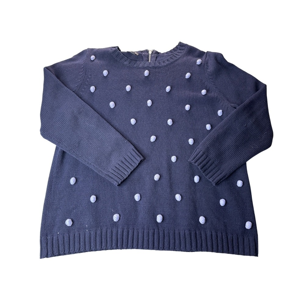 Talbots Sweater Womens 2XP Navy Bauble Pom Pon 3D Polka Dot Cotton Pullover Knit